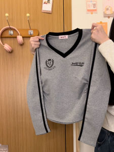 Slim Fit Long Sleeve T-Shirt Womens Preppy Style V-Neck Striped Letter Design Cotton Polyester Blend Autumn Top