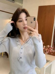 BINKAFENNY | Korean Style V-Neck Lace Trim Knitted Wool Sweater Women Early Autumn Slim Fit Inner High Sense Base Top