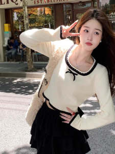 French High Quality Long Sleeve Knitted Sweater round Neck Womens Spring Autumn Outerwear Korean Style Slim Fit Short Base Shirt