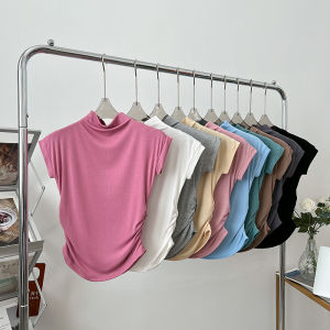 Stylish Fashion All-Match Half Turtleneck Silm Slim Looking Ruched Asymmetrical Short Stretch T-shirt Tops Womens Summer