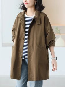 plus Size Autumn Winter New Style Korean Version Windbreaker Jacket Mid-Length Pure Color Casual Versatile Workwear Top