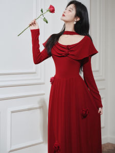 Stunning Knitted Sweater Dress Elegant A-Line Silhouette Long Sleeve V-Neck Zipper Closure Wedding Engagement Party Wear