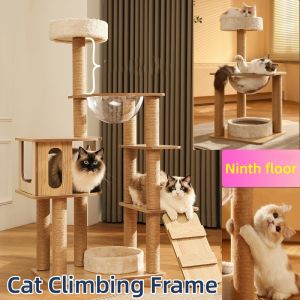 Wooden Cat Climbing Frame Cat Tree Tower Space Capsule Nest Pet Climbing Scratching Post