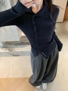 Stylish Retro Polo Neck Long Sleeve Knitted Open Cardigan Slim Fit Autumn Winter Irregular Inner Wear Top for Women