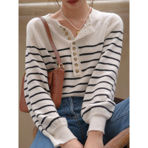 Black White Striped Knitted Base Shirt Womens Spring Autumn Retro Japanese Style Pullover Sweater Inner Wear Thermal Heating