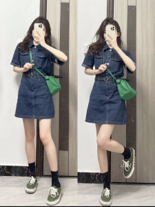 Fashionable Lightweight Denim Dress for Women with POLO Collar High Waist A-Line Skirt Short Sleeves Spring Cotton 100%