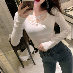 GUZILIAN | Slim Fit Pure Color Lace Patchwork Base Shirt Womens Inner Wear显瘦T-Shirt Korean Style Round Neck Long Sleeve Top