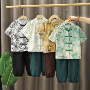 Barababa Summer New Style Boys Traditional Chinese Clothing Set Short Sleeve Seven-Piece Pants Cute Baby Hanfu Outfit