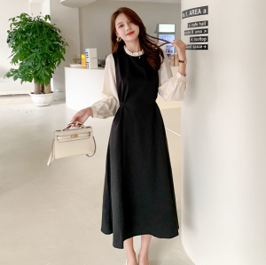 Spring Autumn plus Size Womens Dress Slimming Waist Padded Bubble Long Sleeve Dress High Waist A-Line Korean Style Dress