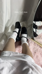 Womens black shoes stylish square-toe 5CM black shoes rubber non-slip student black shoes waterproof black shoes suitable for work wear 0100523