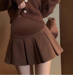 Brown Suit Skirt Maternity Autumn Winter High Waist Padded Short A-Line Pleated Slimming Bump Conforming Korean Style Skirt
