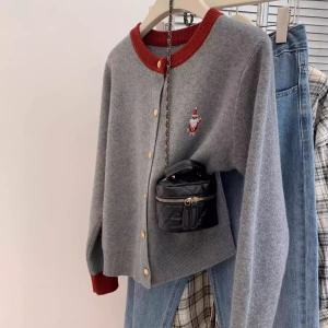 Christmas Woolen Knitted Open Cardigan Casual Loose Grey Sweater Top for Women Commute Style Long Sleeve round Neck Thickened