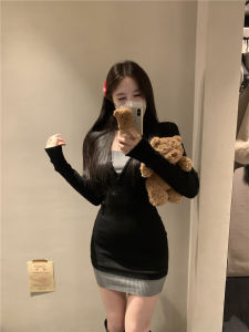Black Knitted V-Neck Dress Womens Autumn Winter Retro Design Color Block Waist-Cinching Bodycon Short Dress Elegant Style