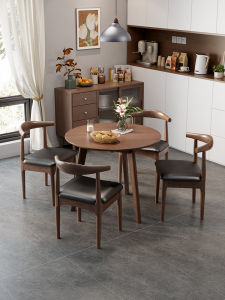 New Chinese Style round Wooden Dining Table Set Small Apartment Size Meal Table Walnut Color Rubber Wood Material for 4 People