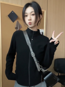 Black Zipper Long Sleeve Hoodie Womens Spring Autumn New Design Slim Fit Short Style Top Korean Version Stand Collar Sweatshirt