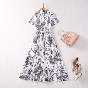 Elegant Butterfly Print High Waist Short Sleeve Dress Stand Collar Midi Dress Sweet Earlet Lace Trim Celebrity Inspired Gown