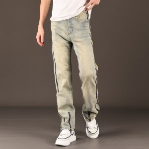 Retro American Denim Jeans Slim Straight Large Size Trendy Brand Zipper Thin Long Pants Men Summer Casual Cotton Polyester Elastic Fiber