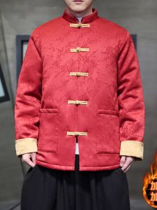 Thickened Cotton Jacket New Chinese Style Mens Winter Coat Button Design Red Cotton Clothes for New Year Zen Style Clothing