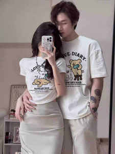 Couples T-Shirt Summer New Fashion Short Sleeve Pure Cotton Long Short Sense of High Quality Cotton Polo Shirt Animal Pattern Print