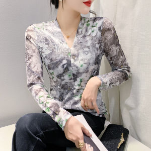 Yimei 2023 Áo thun làm đẹp Quảng Châu áo in hình thu Tay áo dài mới thời trang nữ áo sơ mi mặc trong lưới đàn hồi cổ chữ V