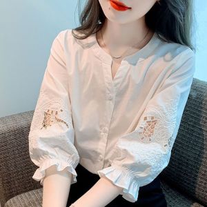 Big Sale Leak-Picking Counter Withdraw Pure Cotton Cut Out Embroidered Shirt Womens Summer Cropped Sleeves Shirt plus Size Loose Top