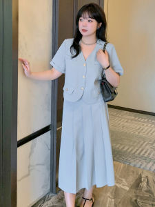 plus Size 200 Pounds Paper Thin Person Set Slimming 2024 plus Size Summer New Design Crinkled Skirt Two Piece Set Womens Fashion