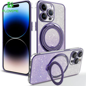FLOVEME Plating Gradient Glitter Clear Phone Case For iphone 15 14 13 12 11 Pro Max 15 14 Plus With Magsafe Bracket Stand Lens Film Protector All-inclusive Hard PC Shockproof Back Cover For iphone X XR XS Max