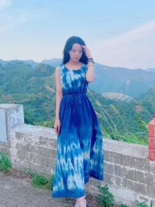 Handmade Tie Dye Original Design Artistic Cotton Linen Versatile Vest Waist Belted Dress Floor Length Sleeveless Abstract Pattern