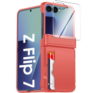 For Z Flip 7 Casewith Card HolderRFID BlockingHD ProtectorRugged Anti-Scratch Full Shockproof Phone Case-Blue