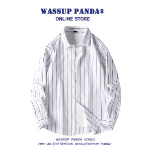 WASSUP PANDA Japanese Style Blue Striped Long Sleeve Shirt Mens Spring Autumn Casual Classic Outerwear Polyester Cotton Blend