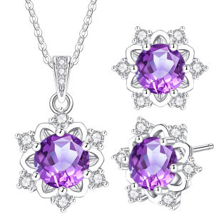 East Beauty | Pure Silver Snowflake Necklace and Earrings Natural Purple Crystal Pendant