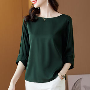 Loose Mommy Style Seven Sleeve Chiffon Shirt Women Autumn Fashion Simple Elegant Belly Covering Midi Length Top by Paifuya