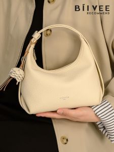 BIIVEE Genuine Leather Handbag Fashionable Moon Shape Crossbody Bag for Women Casual Simple Style Soft New Winter Shoulder Bag