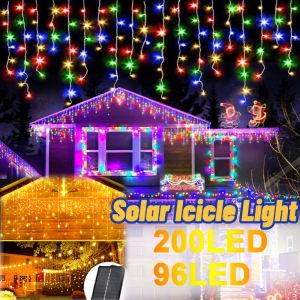 96/200LED Curtain Icicle Lights Outdoor Solar Curtain Fairy String Light Waterproof for Home Christmas Decoration