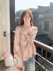 New 2025 Early Autumn Chinese Style Womens Shirt Pink Button up Top Small Size Design Sensation Straight Cut Long Sleeve Pure Color