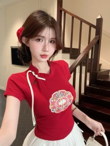 GUZILIAN | เสื้อยืดแขนสั้นปักลายสไตล์จีนย้อนยุคสำหรับผู้หญิง เสื้อผ้าทำงานสไตล์เกาหลี ทรงเข้ารูป กระดุมสไตล์จีนใหม่ เสื้อผ้าทำงานฤดูร้อน