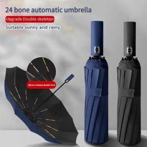 24 Bone Fully automatic umbrella Double skeleton Strong Windproof umbrella auto Sunscreen Umbrella Fold Sun umbrella Anti UV Foldable Business Umbrella  自动雨伞