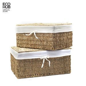 Giỏ cói chữ nhật ECOHUB đựng đồ đa năng/hộp đựng quần áo/đồ khô sang trọng Khung sắt có tay cầm / Lót vải / Nắp | EH059