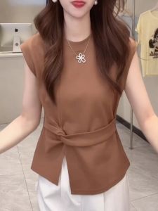 BINKAFENNY | Extra Large Womens Round Neck Sleeveless T-shirt Summer Slimming Knot Bottom Split Top Comfortable Fashion Korean Style