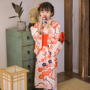 Japanese Style Childrens Kimono Dress Red Plum Blossom Performance Costume for Girls Orange Dot Childrens Clothing