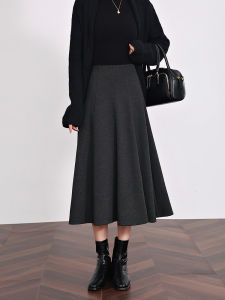 Deep Grey A-Line Skirt Womens Autumn Winter New Style Mid-Length Wide Hem Commute High Waist Acetate Wool Half-length Skirt