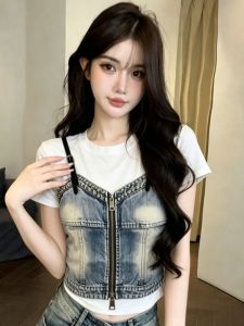 GUZILIAN | Áo Thun Mùa Hè Thời Trang Cổ Đơn Phối Đắp Jean Giả Lớp Ôm Slim Fit