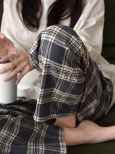 Cotton Flannel French Check Elastic Waist Loose Straight Leg Home Pants Sleepwear High Craftmanship Matching Pattern