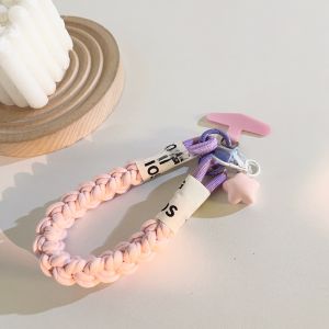 Pink Star Lanyard Weaved Nylon Mobile Phone Accessory Cute Girl Car Keychain Earphone Cover Anti-Lost Handheld Decorations