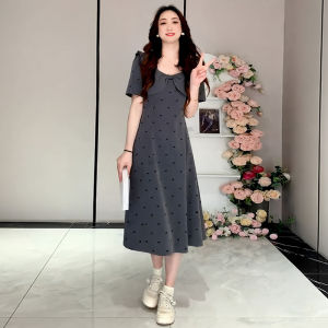 plus Size Womens Dress with Bowknot And Wooden Ear Trim Square Collar A-Line Skirt Slimming Effect Summer New Style Korean Version