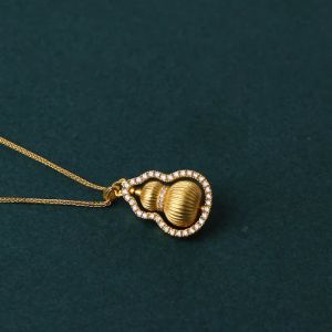 CHOW SANG SANG 999.9 24K Solid Gold Diamond Cultural Blessings Auspicious Gourd WULU Necklace for Women & Men Size 47cm 95749N 8.5g Gold