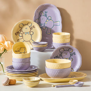 ชุดจานชามเซรามิกลายการ์ตูนมีมูลค่าสูงสำหรับใช้ในบ้านแบบใหม่น่ารักสำหรับเด็กและเด็กผู้หญิงที่นิยมในโลกออนไลน์ชามข้าวจานใส่อาหาร