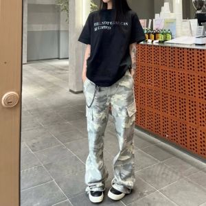 American High Street Distressed Pocket Wide Leg Loose Vibe Casual Straight-Leg Paratrooper Denim Female Camouflage Cargo Pants Male