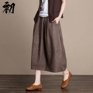 Summer 2024 Womens Cotton Linen Loose Fashionable Slimming Lantern Skirt Elastic Waist Flower Bud Mid-length Solid Color