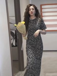 Elegant Black Floral Print French Hepburn Style Womens Dress Slimming Waist Design Summer Long Sleeve Zipper Closure A-Line Skirt